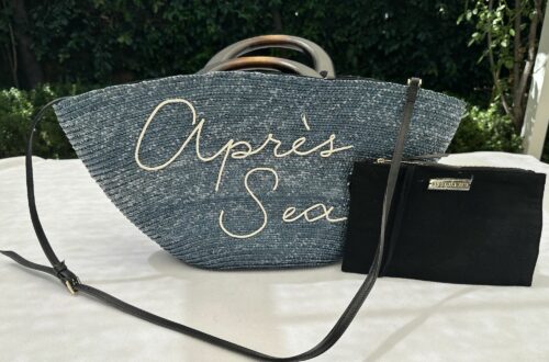 REVIEW and OVERVIEW Eugenia Kim Vintage Carlotta Straw Beach Tote Bag made in Italy Apres Sea with Removable Shoulder Strap and Pochette Pouch in Blue with Wood Handles and Suede Lining