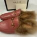 Timeless Classic and Always in Fashion Stylish Gucci Princetown Fur Slippers Slides Mules in Mauve Pink with Gold Horsebit Detail