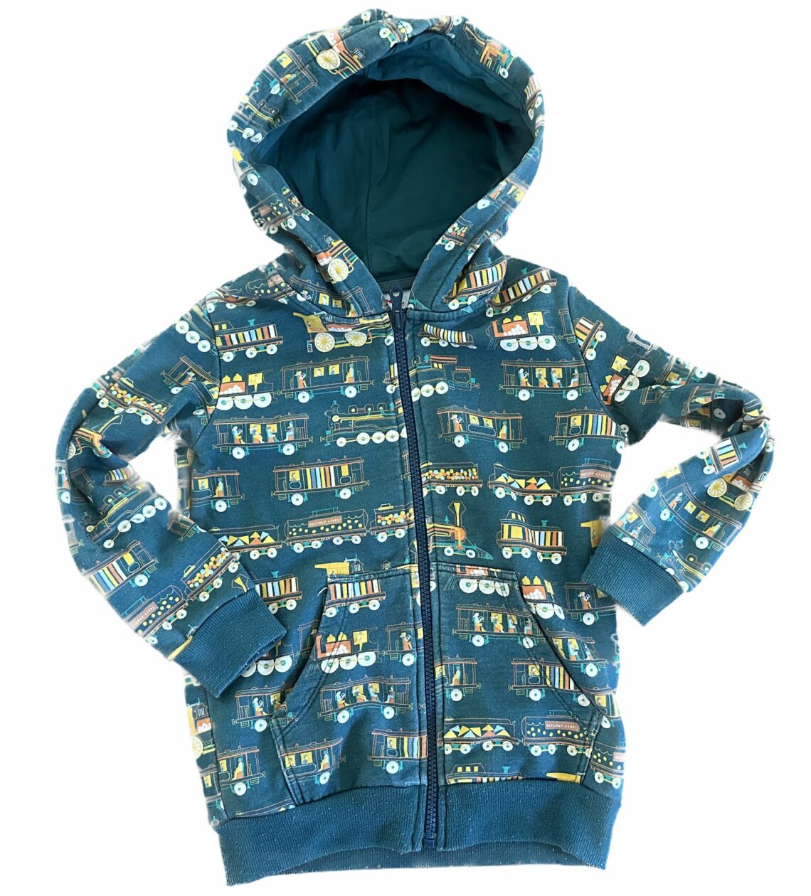 Piccolina Kids Train Transportation Print Zip Front Hoodie in Green size 6