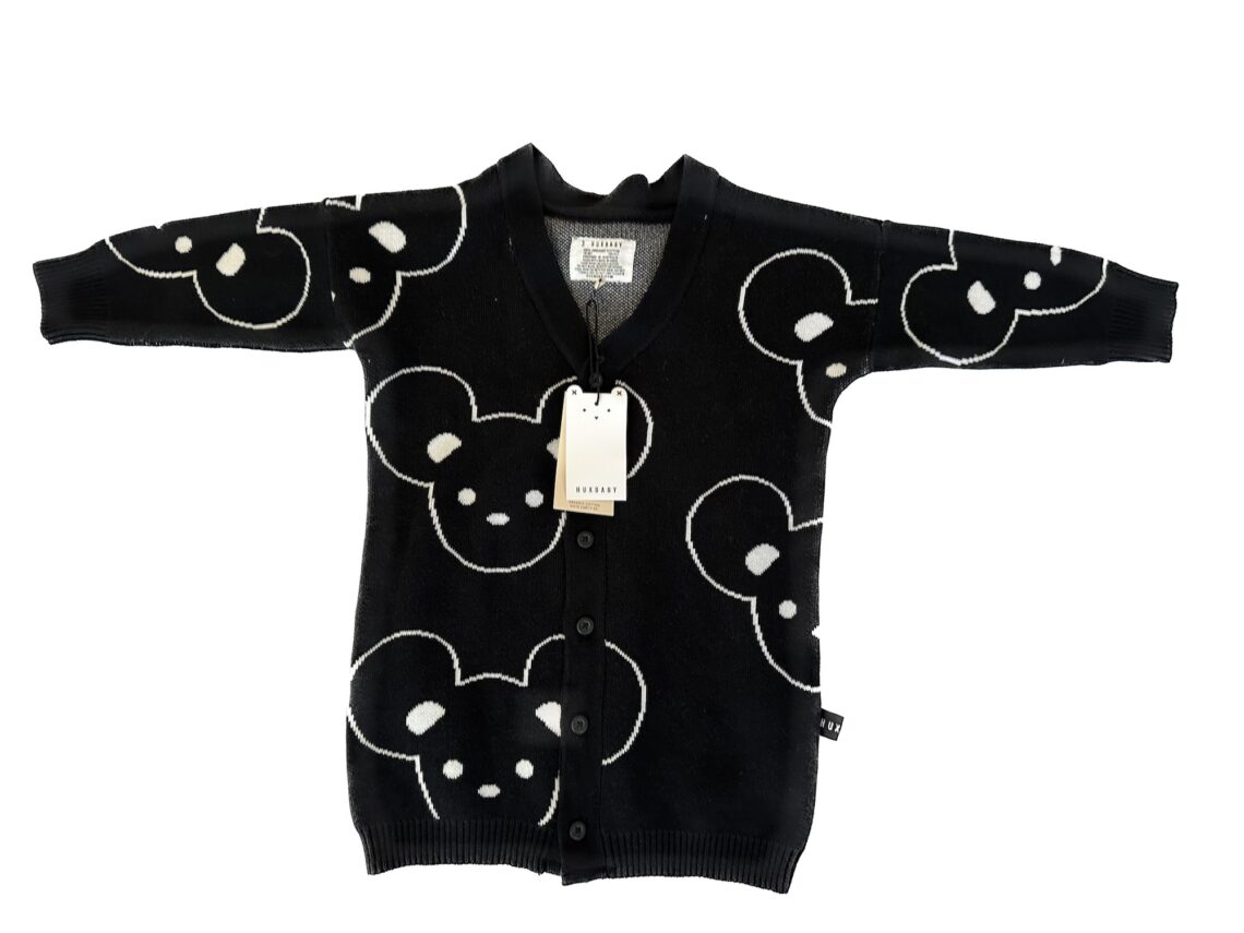 Huxbaby Knit Cardigan with Mouse Print in Black Laying Flat New With Tags