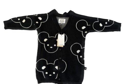 Huxbaby Knit Cardigan with Mouse Print in Black Laying Flat New With Tags