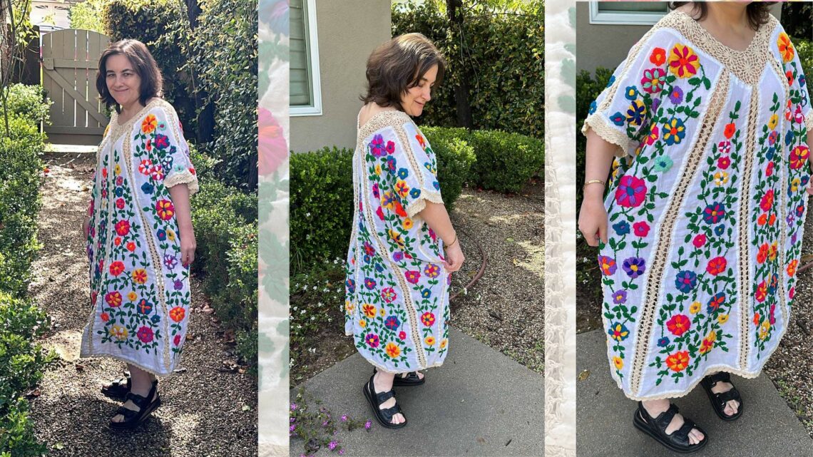 Modeling Photos / Shots and Videos of the Free People Embroidered Bella Flor Floral Print Embroidery Flowers Kaftan Dress